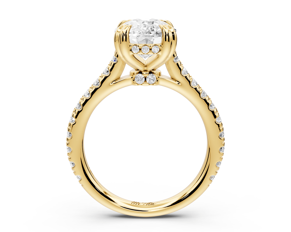 Isabella - 4ct 14k yellow gold ecushion hidden halo diamond bridge cathedral pavé engagement ring - Mr. Alex Jewelry