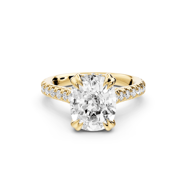 Isabella - 4ct 14k yellow gold ecushion hidden halo diamond bridge cathedral pavé engagement ring - Mr. Alex Jewelry