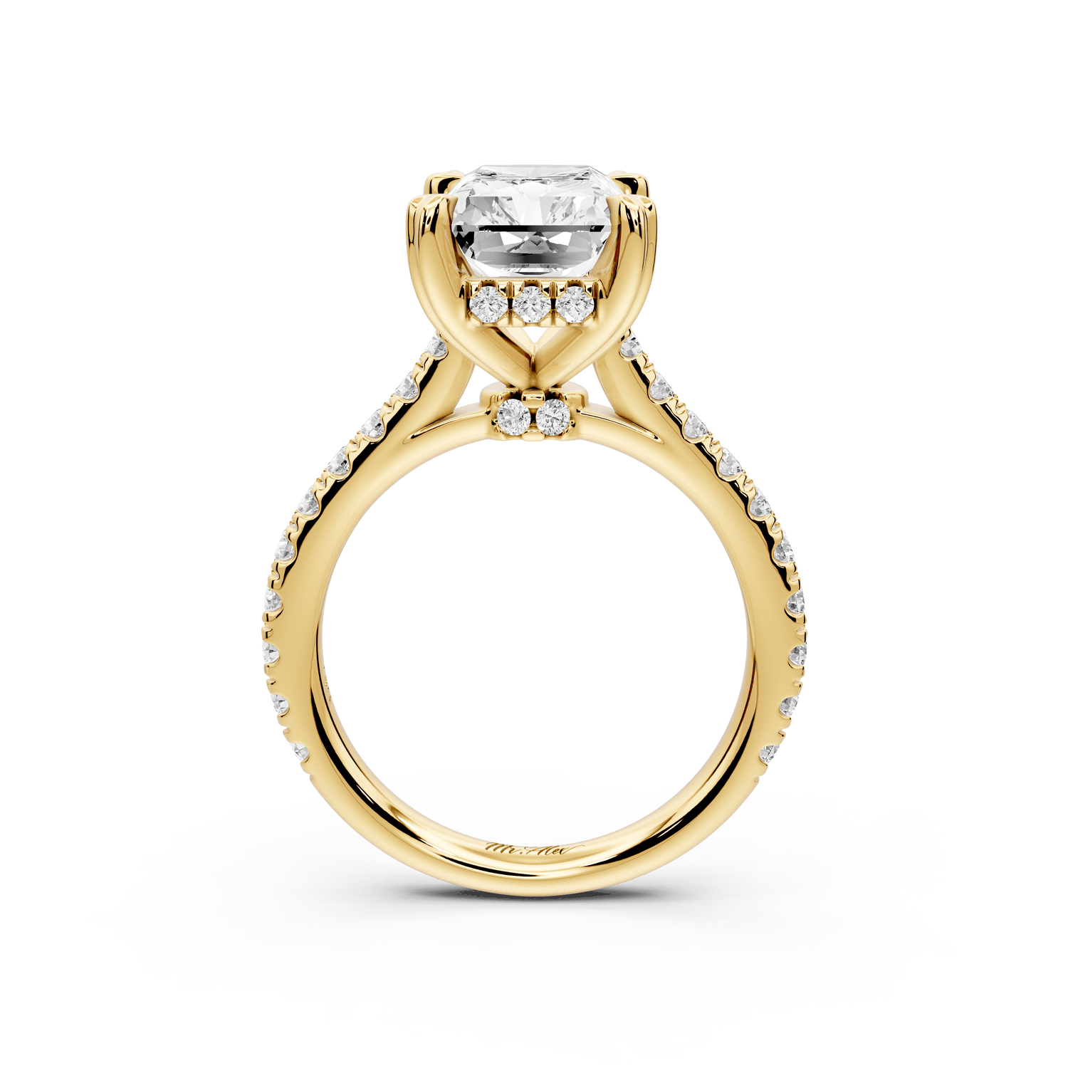 Isabella - 4ct 14k yellow gold radiant hidden halo diamond bridge cathedral pavé engagement ring - Mr. Alex Jewelry