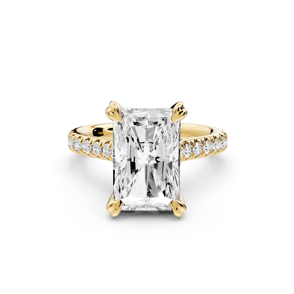 Isabella - 4ct 14k yellow gold radiant hidden halo diamond bridge cathedral pavé engagement ring - Mr. Alex Jewelry