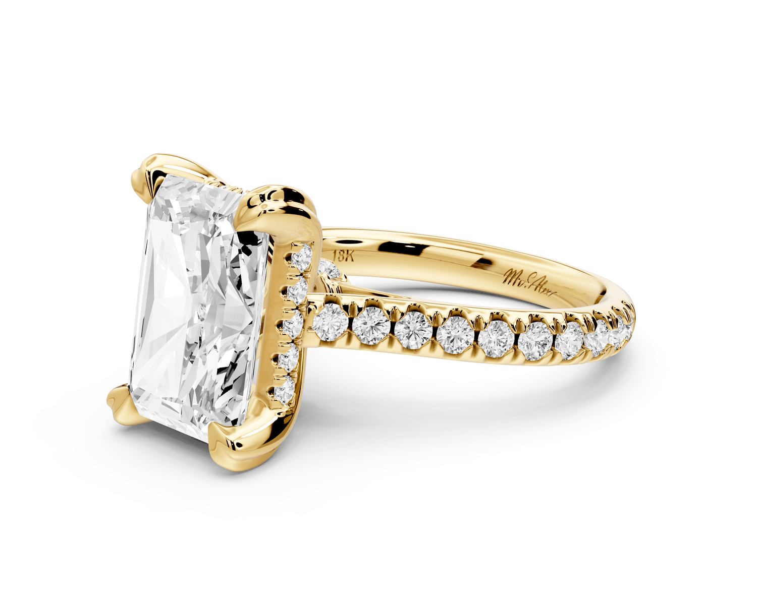 Isabella - 4ct 14k yellow gold radiant hidden halo diamond bridge cathedral pavé engagement ring - Mr. Alex Jewelry