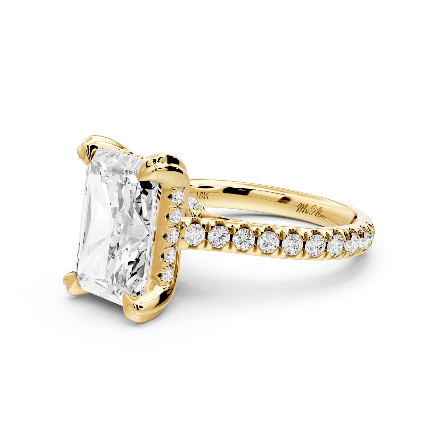 Isabella - 4ct 14k yellow gold radiant hidden halo diamond bridge cathedral pavé engagement ring - Mr. Alex Jewelry