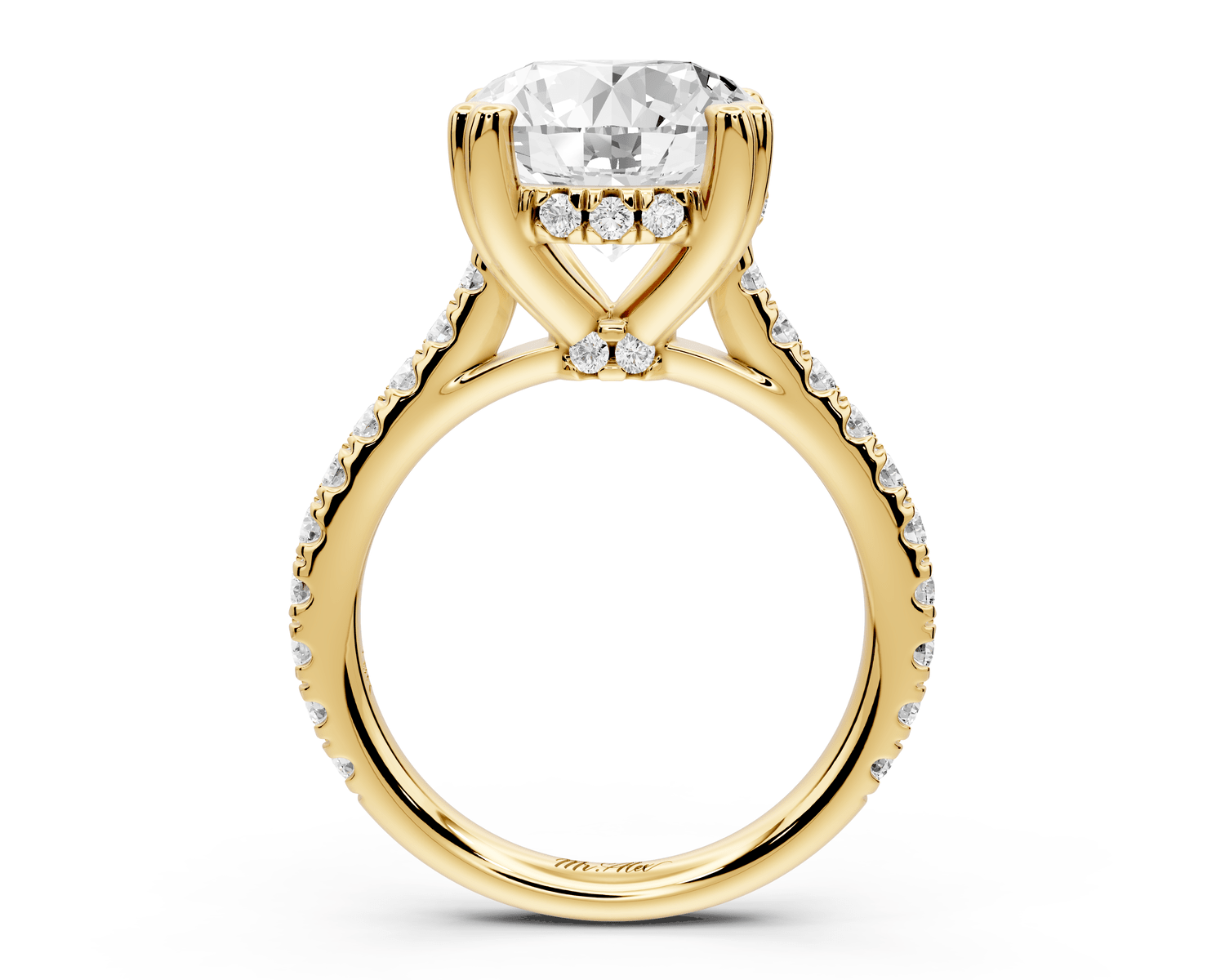 Isabella - 4ct 14k yellow gold round hidden halo diamond bridge cathedral pavé engagment ring - Mr. Alex Jewelry