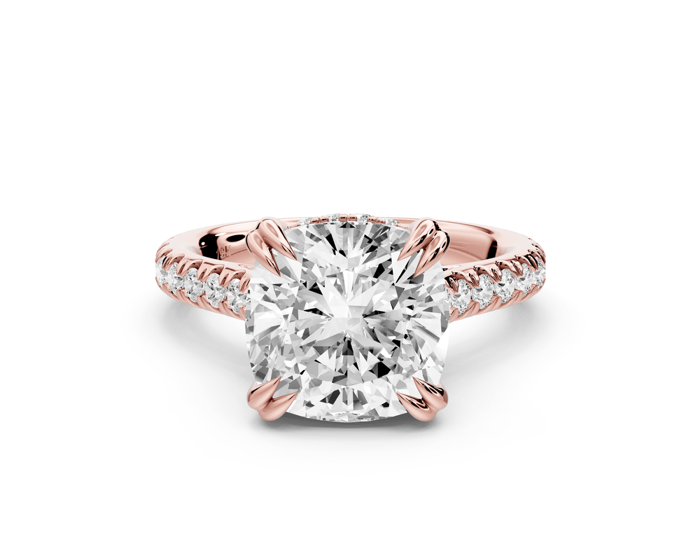 Isabella - 4ct 18k rose gold cushion hidden halo diamond bridge cathedral pavé engagement ring - Mr. Alex Jewelry