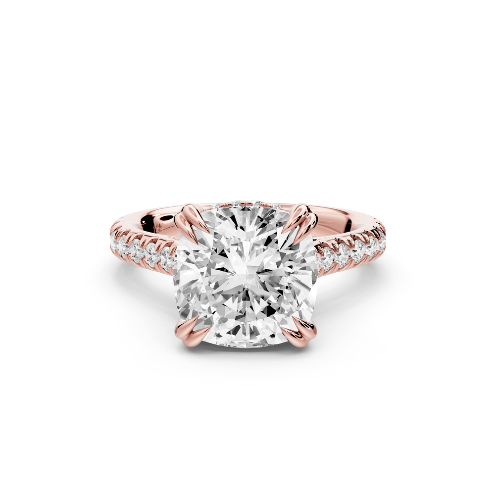 Isabella - 4ct 18k rose gold cushion hidden halo diamond bridge cathedral pavé engagement ring - Mr. Alex Jewelry