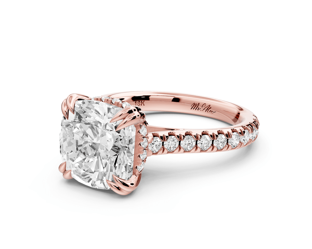 Isabella - 4ct 18k rose gold cushion hidden halo diamond bridge cathedral pavé engagement ring - Mr. Alex Jewelry