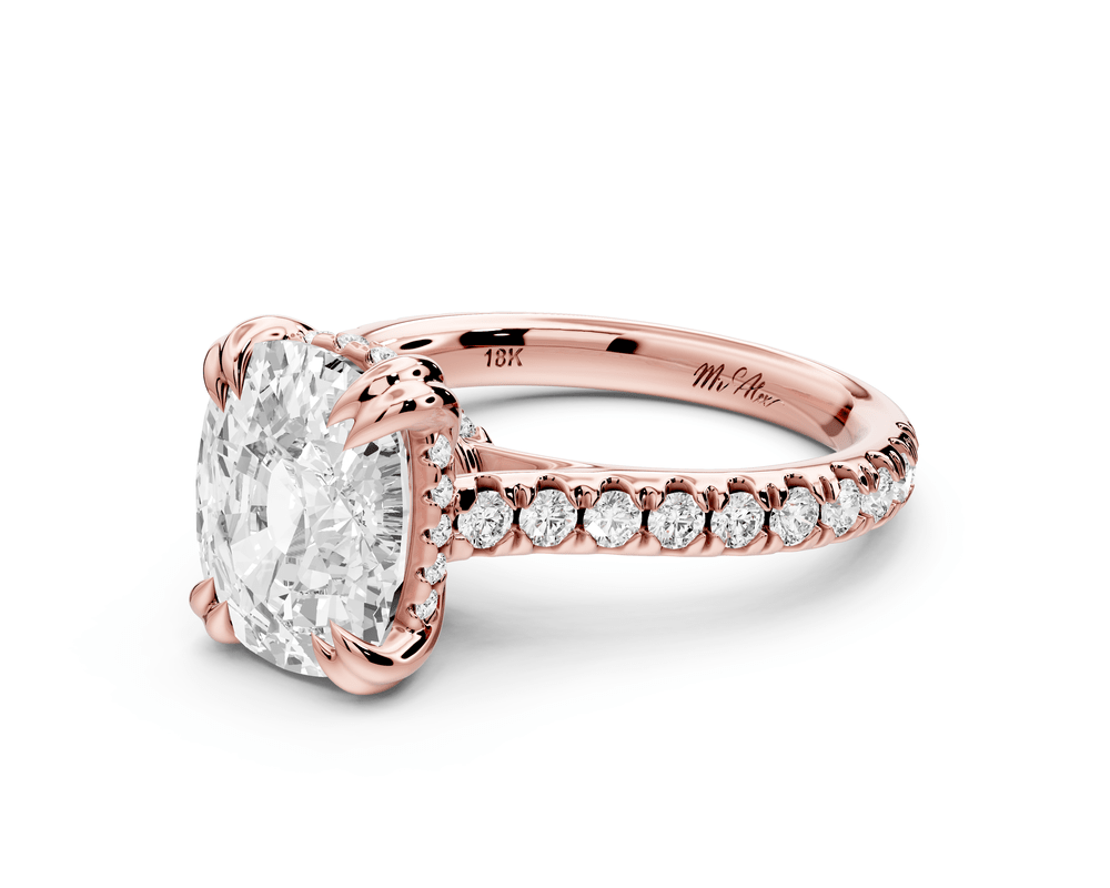 Isabella - 4ct 18k rose gold ecushion hidden halo diamond bridge cathedral pavé engagement ring - Mr. Alex Jewelry