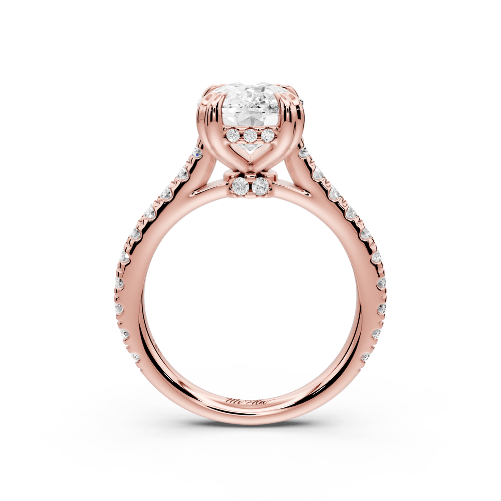 Isabella - 4ct 18k rose gold ecushion hidden halo diamond bridge cathedral pavé engagement ring - Mr. Alex Jewelry