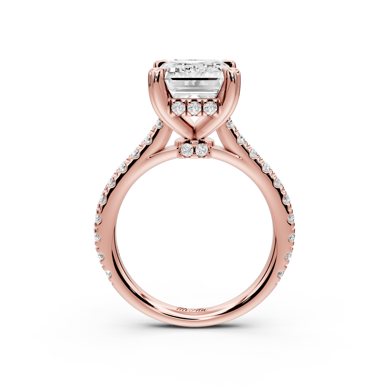 Isabella - 4ct 18k rose gold emerald hidden halo diamond bridge cathedral pavé Engagement ring - Mr. Alex Jewelry