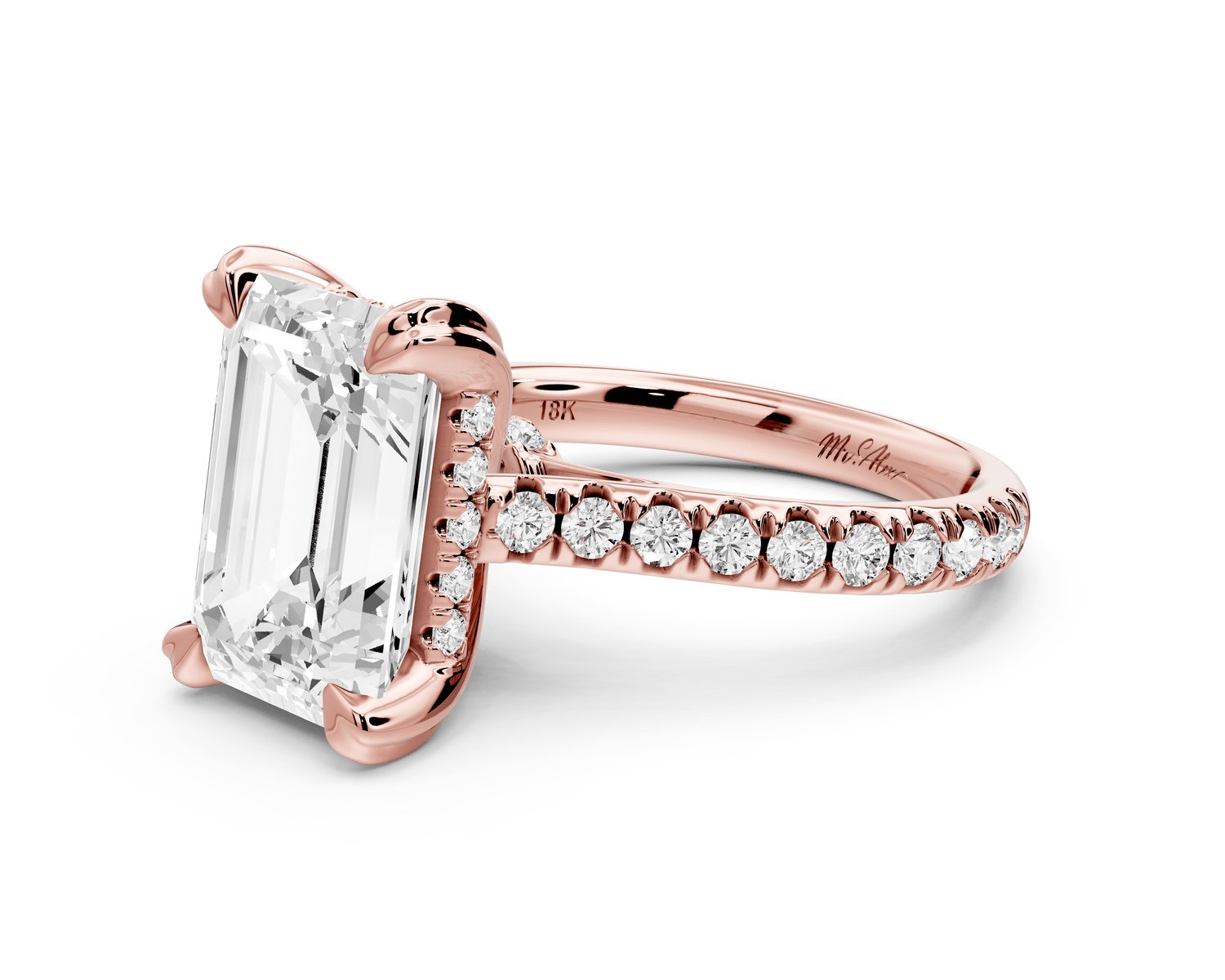 Isabella - 4ct 18k rose gold emerald hidden halo diamond bridge cathedral pavé Engagement ring - Mr. Alex Jewelry
