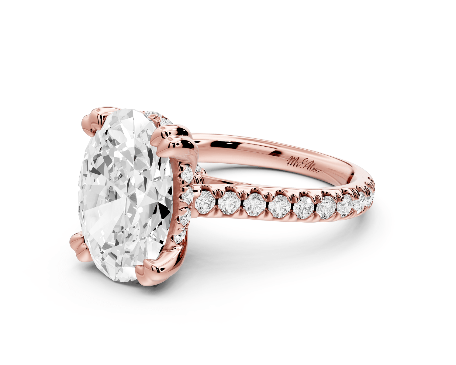 Isabella - 4ct 18k rose gold oval hidden halo diamond bridge cathedral pavé Engagement ring - Mr. Alex Jewelry