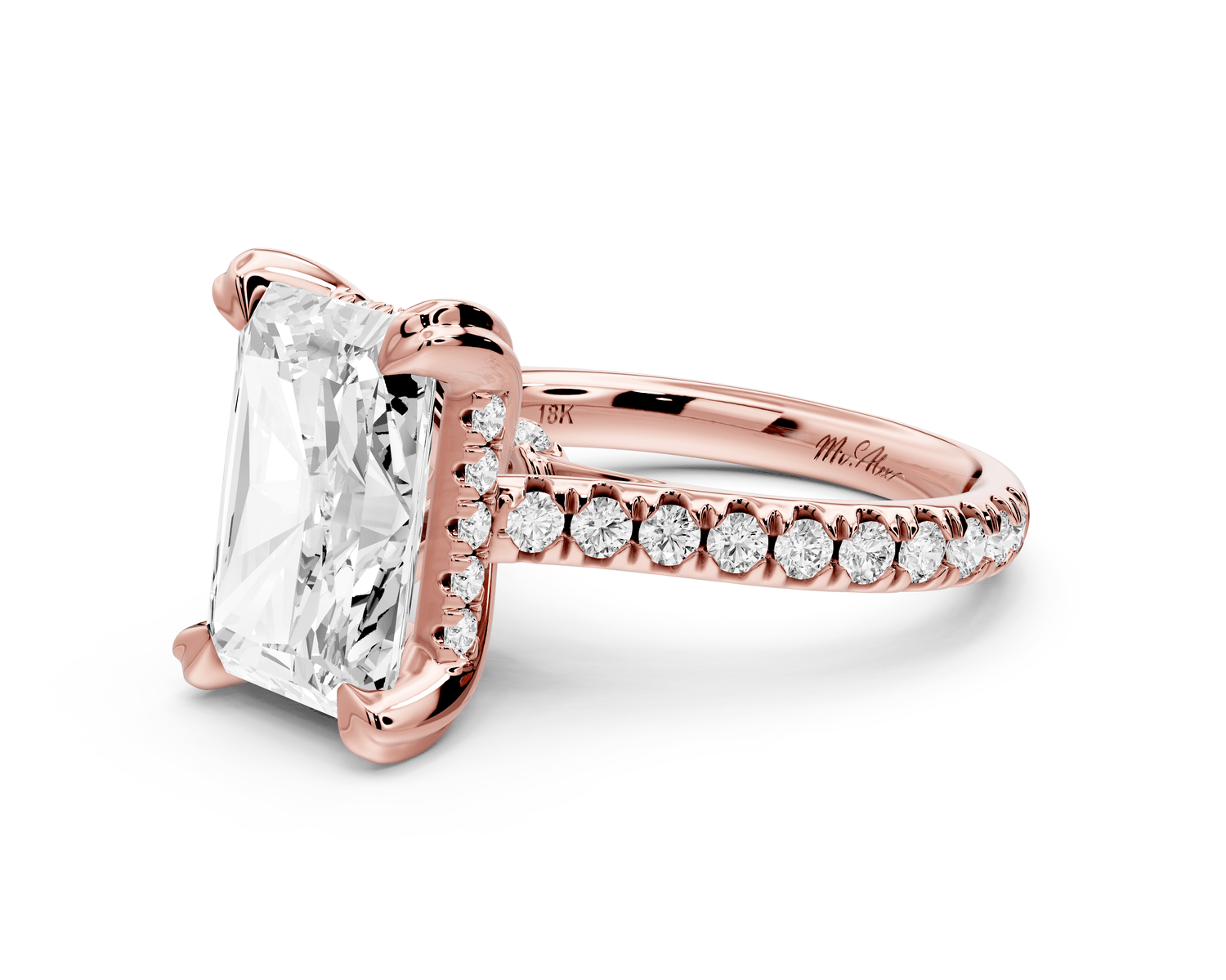 Isabella - 4ct 18k rose gold radiant hidden halo diamond bridge cathedral pavé engagement ring - Mr. Alex Jewelry