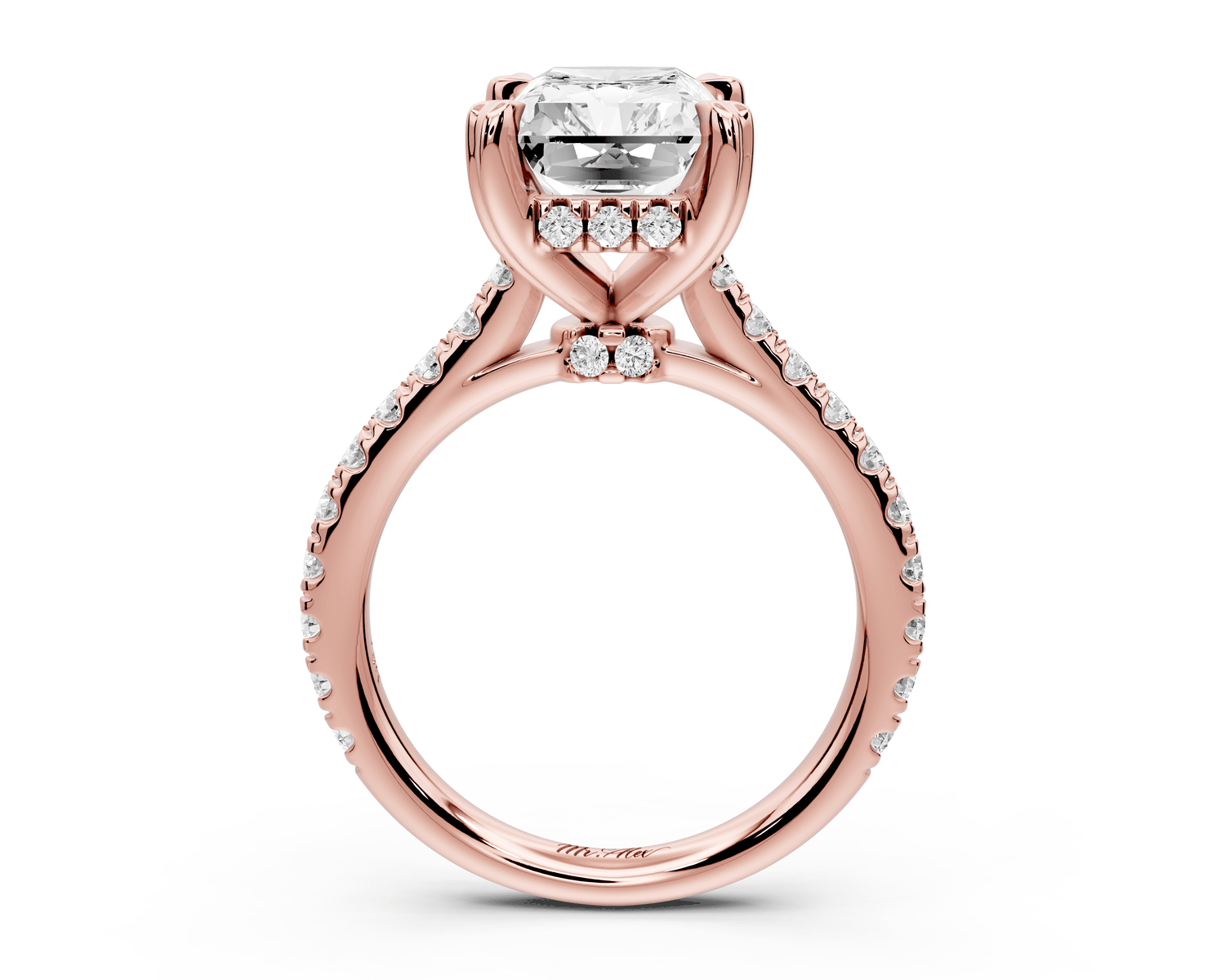 Isabella - 4ct 18k rose gold radiant hidden halo diamond bridge cathedral pavé engagement ring - Mr. Alex Jewelry