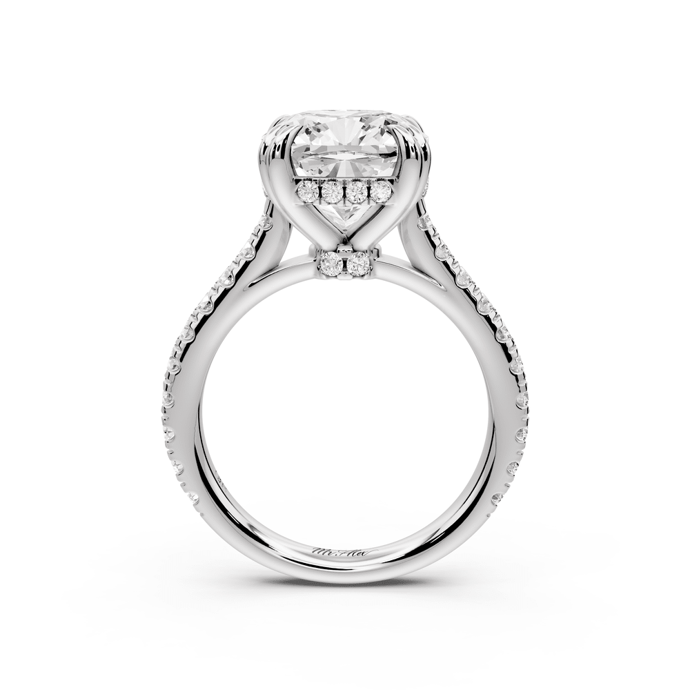 Isabella - 4ct 18k white gold cushion hidden halo diamond bridge cathedral pavé engagement ring - Mr. Alex Jewelry