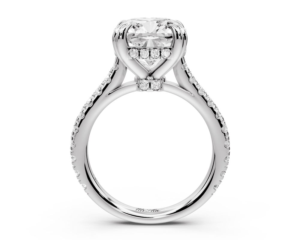 Isabella - 4ct 18k white gold cushion hidden halo diamond bridge cathedral pavé engagement ring - Mr. Alex Jewelry