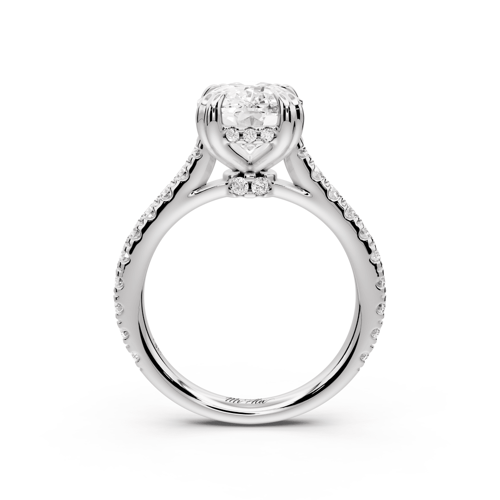 Isabella - 4ct 18k white gold ecushion hidden halo diamond bridge cathedral pavé engagement ring - Mr. Alex Jewelry