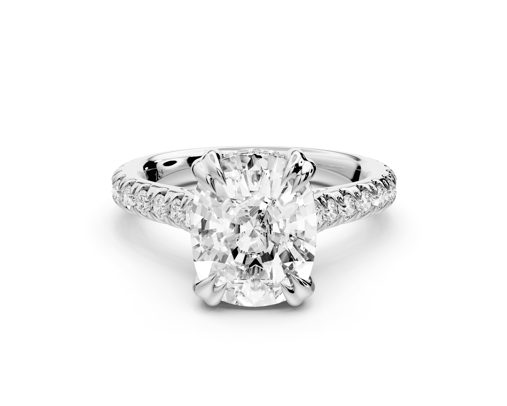 Isabella - 4ct 18k white gold ecushion hidden halo diamond bridge cathedral pavé engagement ring - Mr. Alex Jewelry