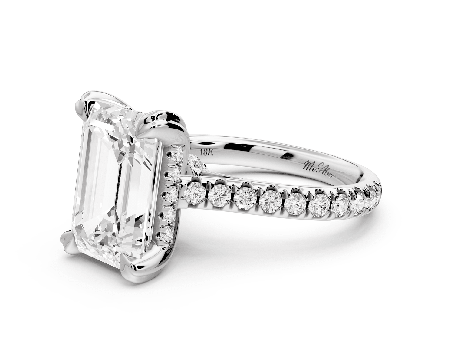 Isabella - 4ct 18k white gold emerald hidden halo diamond bridge cathedral pavé Engagement ring - Mr. Alex Jewelry