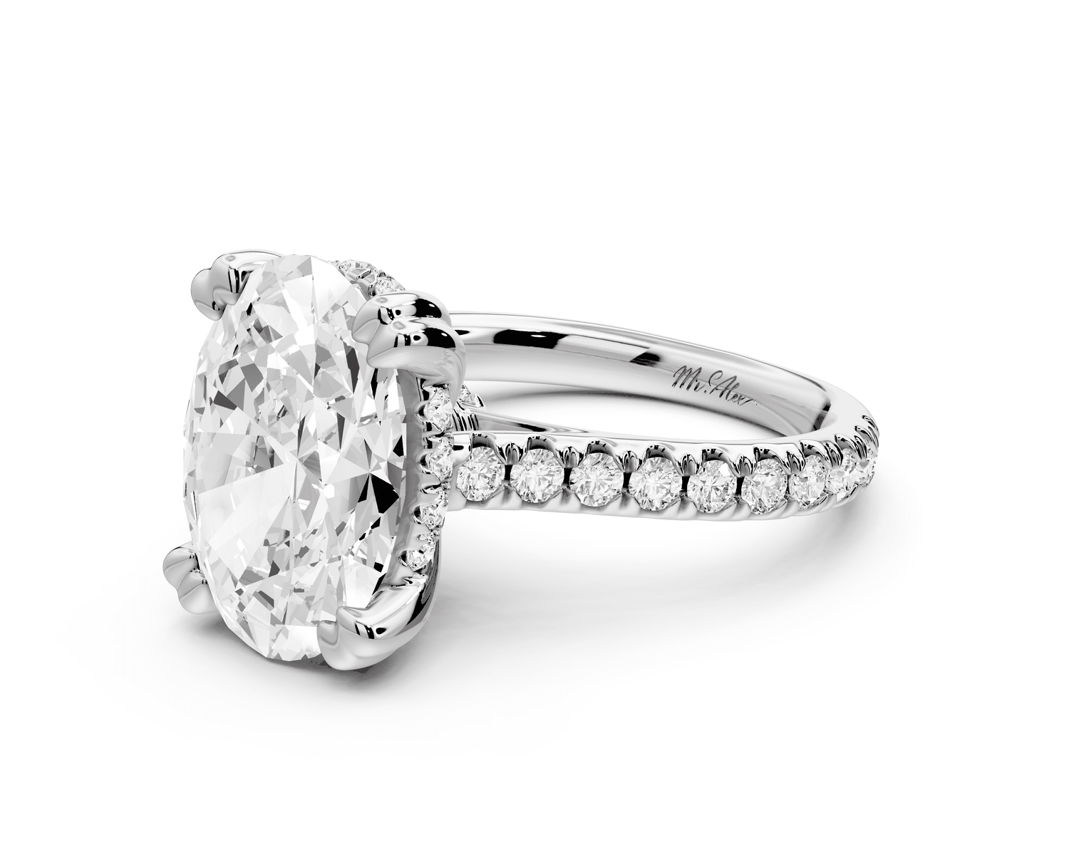 Isabella - 4ct 18k white gold oval hidden halo diamond bridge cathedral pavé Engagement ring - Mr. Alex Jewelry