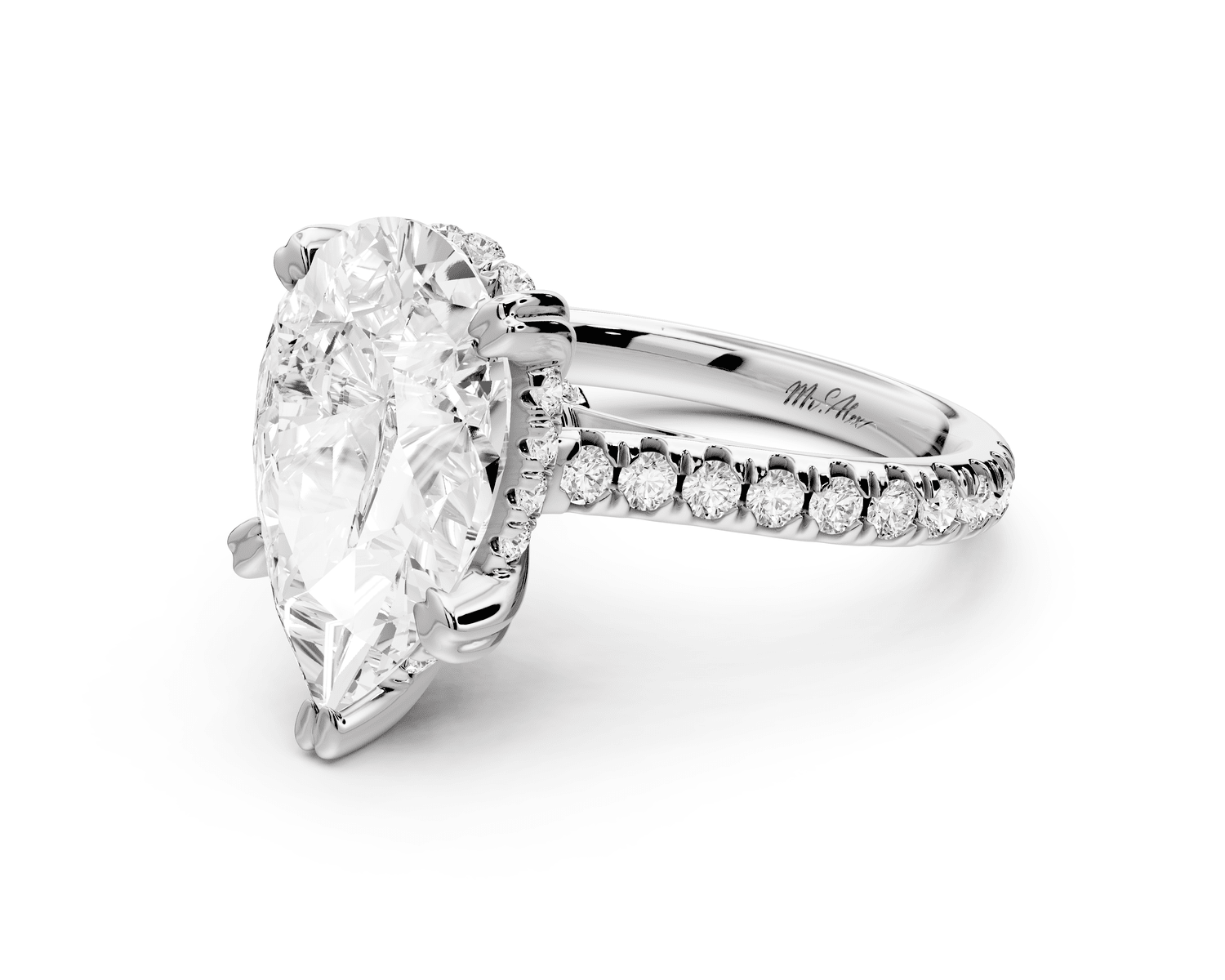Isabella - 4ct 18k white gold pear hidden halo diamond bridge cathedral pavé Engagement ring - Mr. Alex Jewelry