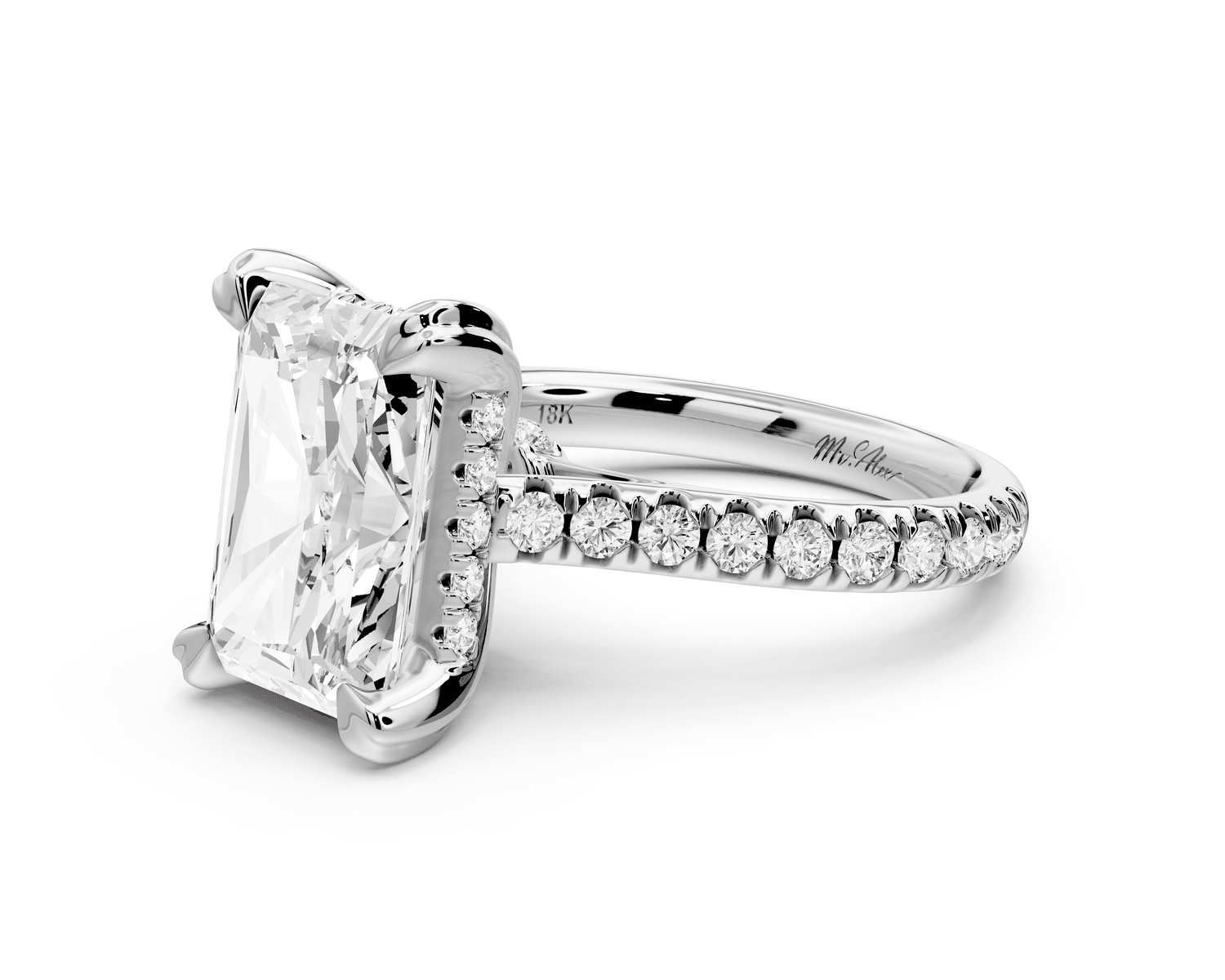 Isabella - 4ct 18k white gold radiant hidden halo diamond bridge cathedral pavé engagement ring - Mr. Alex Jewelry
