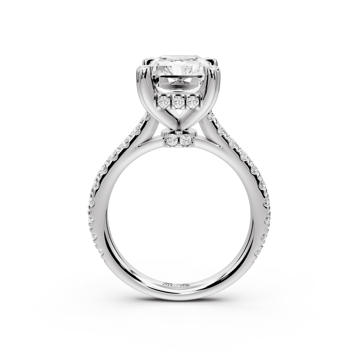 Isabella - 4ct 18k white gold radiant hidden halo diamond bridge cathedral pavé engagement ring - Mr. Alex Jewelry