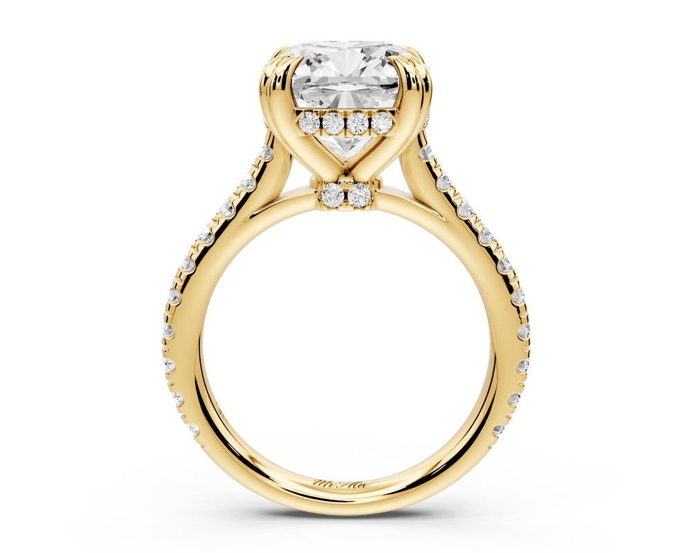 Isabella - 4ct 18k yellow gold cushion hidden halo diamond bridge cathedral pavé engagement ring - Mr. Alex Jewelry