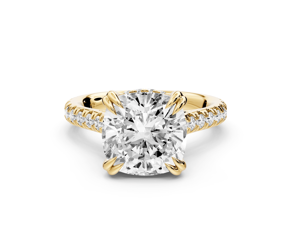 Isabella - 4ct 18k yellow gold cushion hidden halo diamond bridge cathedral pavé engagement ring - Mr. Alex Jewelry