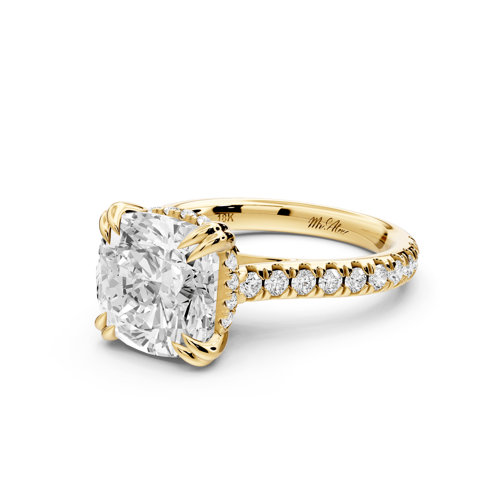 Isabella - 4ct 18k yellow gold cushion hidden halo diamond bridge cathedral pavé engagement ring - Mr. Alex Jewelry