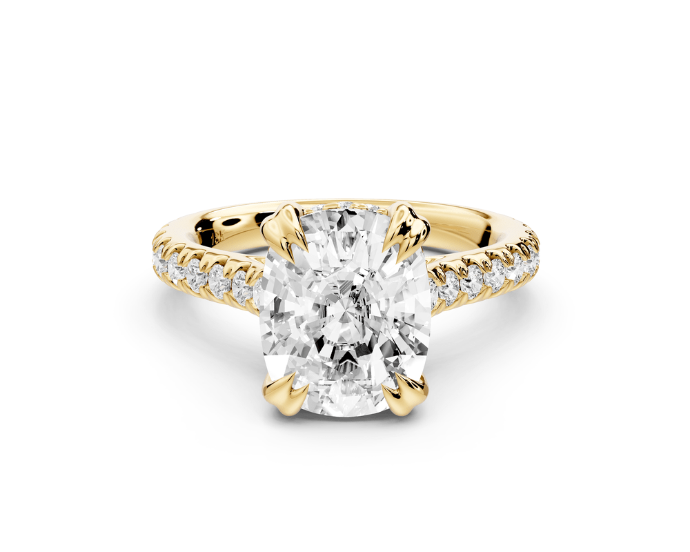 Isabella - 4ct 18k yellow gold ecushion hidden halo diamond bridge cathedral pavé engagement ring - Mr. Alex Jewelry