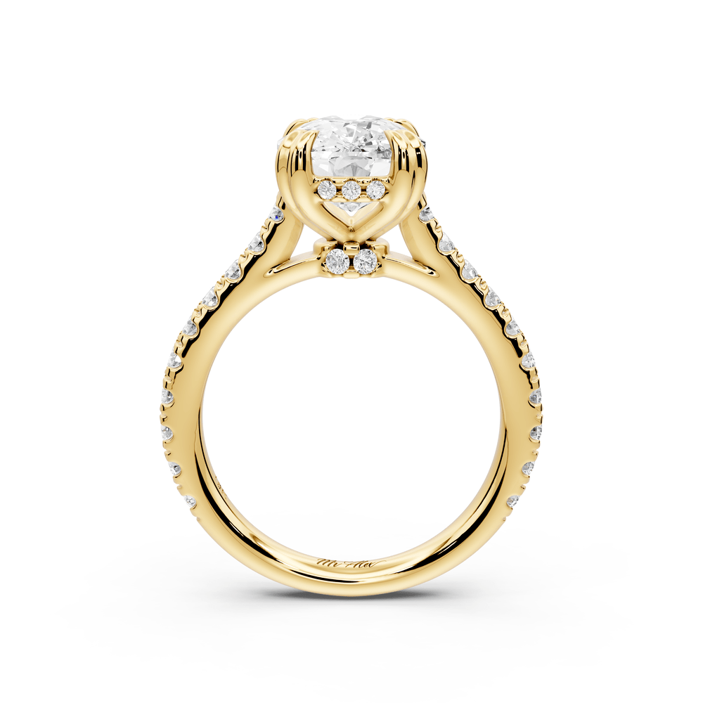 Isabella - 4ct 18k yellow gold ecushion hidden halo diamond bridge cathedral pavé engagement ring - Mr. Alex Jewelry
