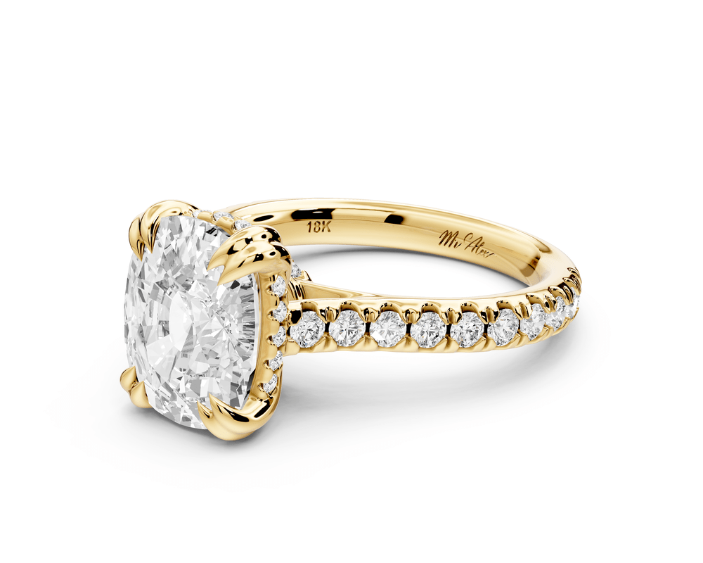 Isabella - 4ct 18k yellow gold ecushion hidden halo diamond bridge cathedral pavé engagement ring - Mr. Alex Jewelry