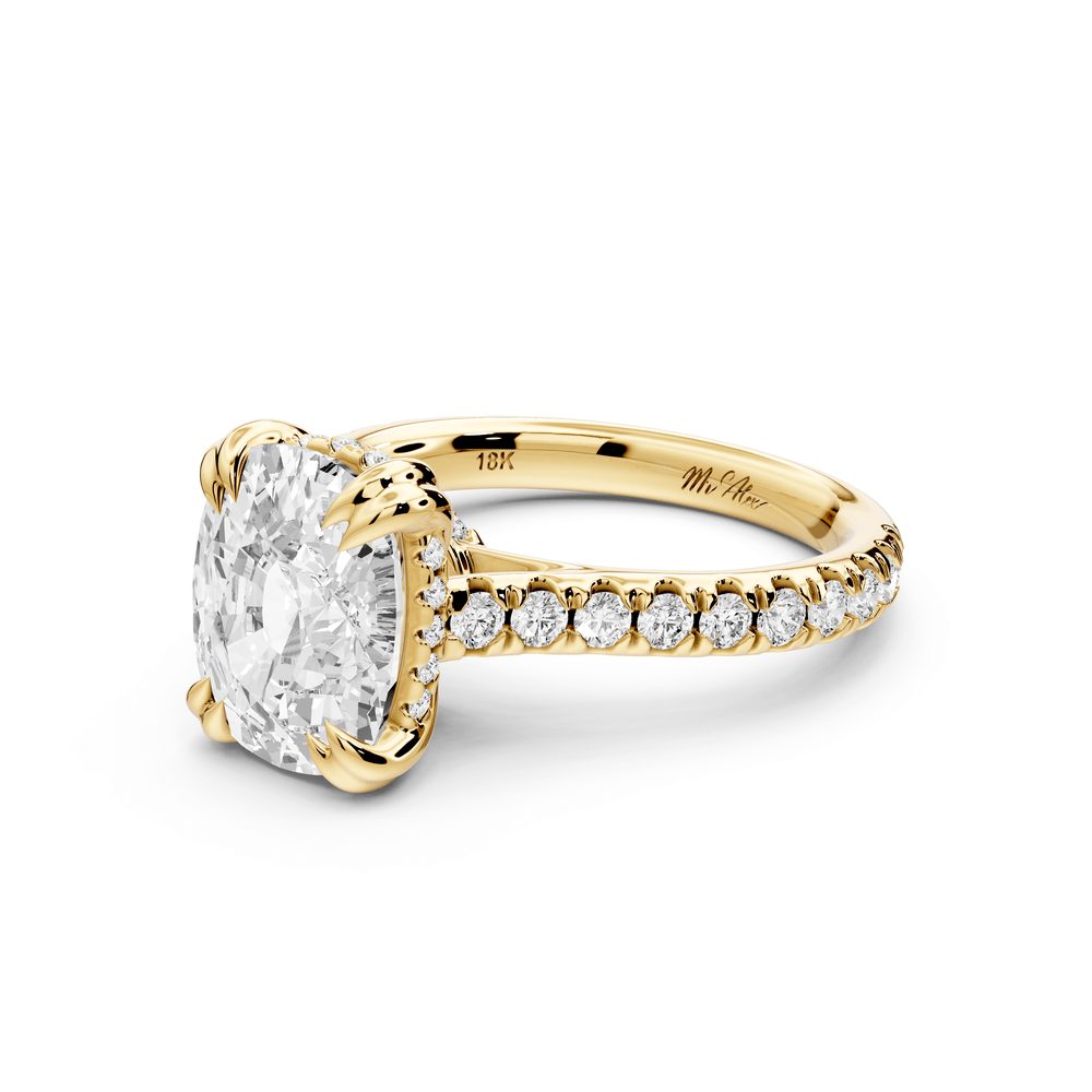 Isabella - 4ct 18k yellow gold ecushion hidden halo diamond bridge cathedral pavé engagement ring - Mr. Alex Jewelry