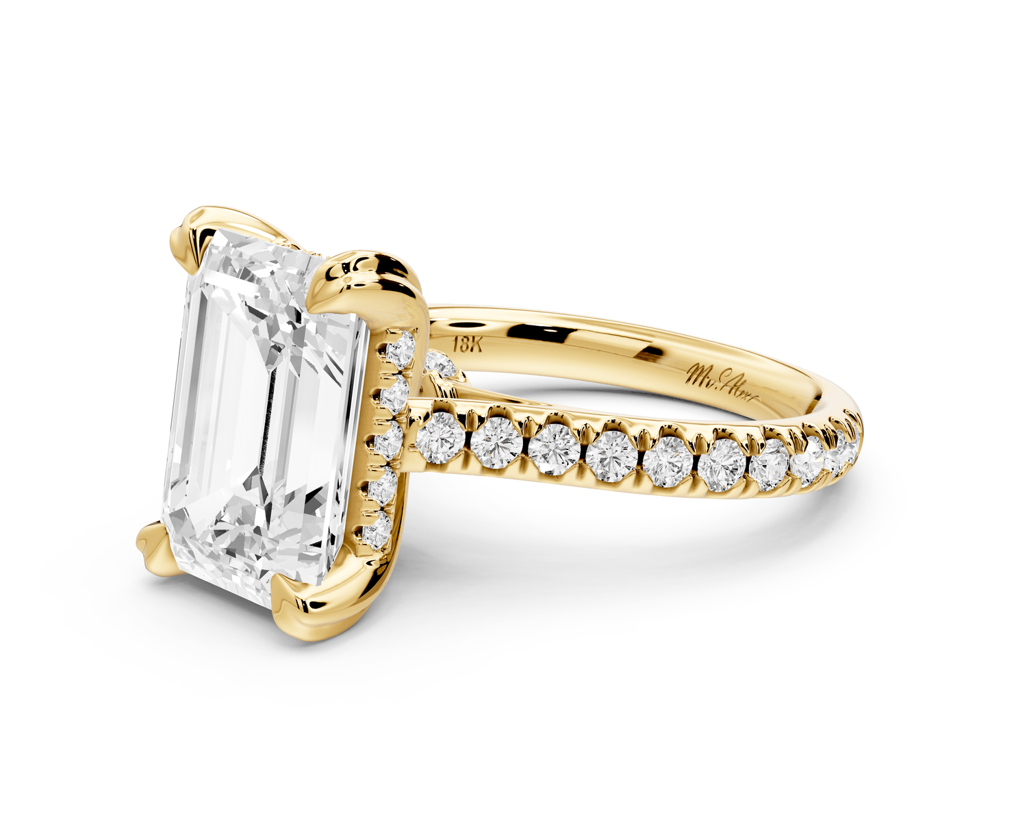 Isabella - 4ct 18k yellow gold emerald hidden halo diamond bridge cathedral pavé Engagement ring - Mr. Alex Jewelry