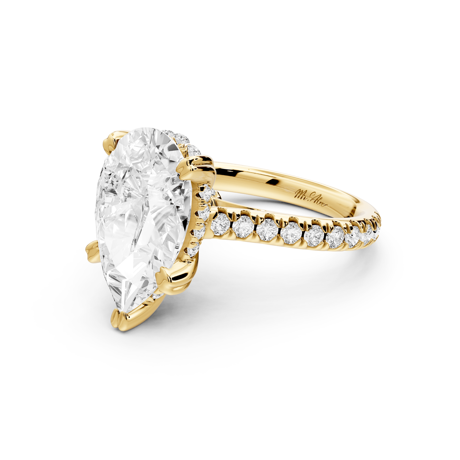 Isabella - 4ct 18k yellow gold pear hidden halo diamond bridge cathedral pavé Engagement ring - Mr. Alex Jewelry