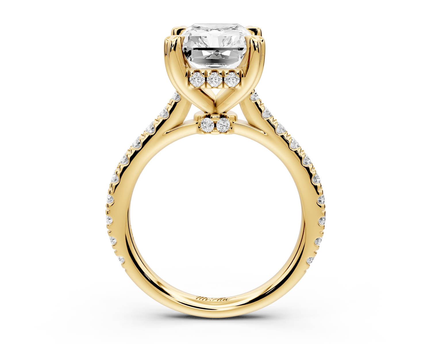 Isabella - 4ct 18k yellow gold radiant hidden halo diamond bridge cathedral pavé engagement ring - Mr. Alex Jewelry