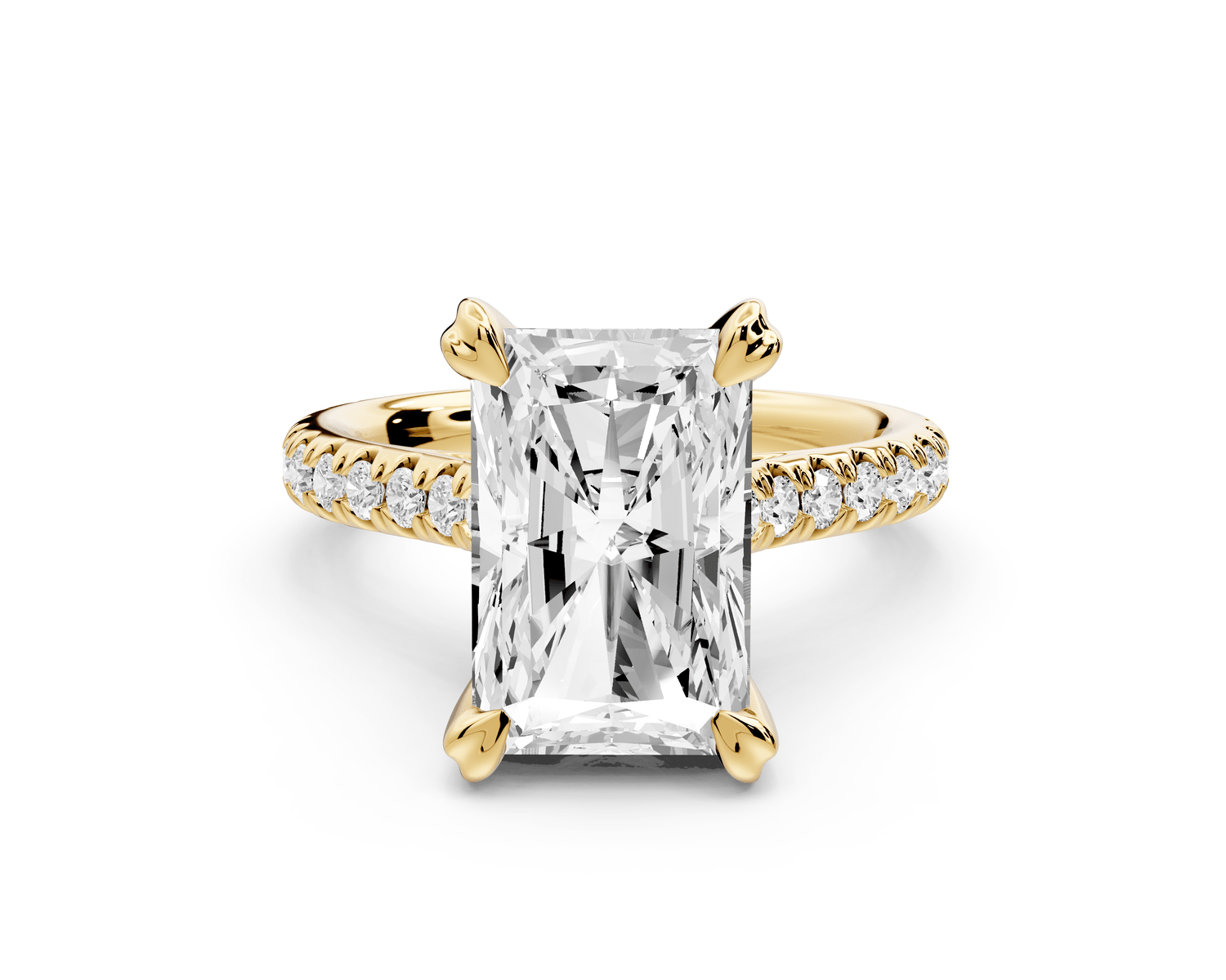 Isabella - 4ct 18k yellow gold radiant hidden halo diamond bridge cathedral pavé engagement ring - Mr. Alex Jewelry