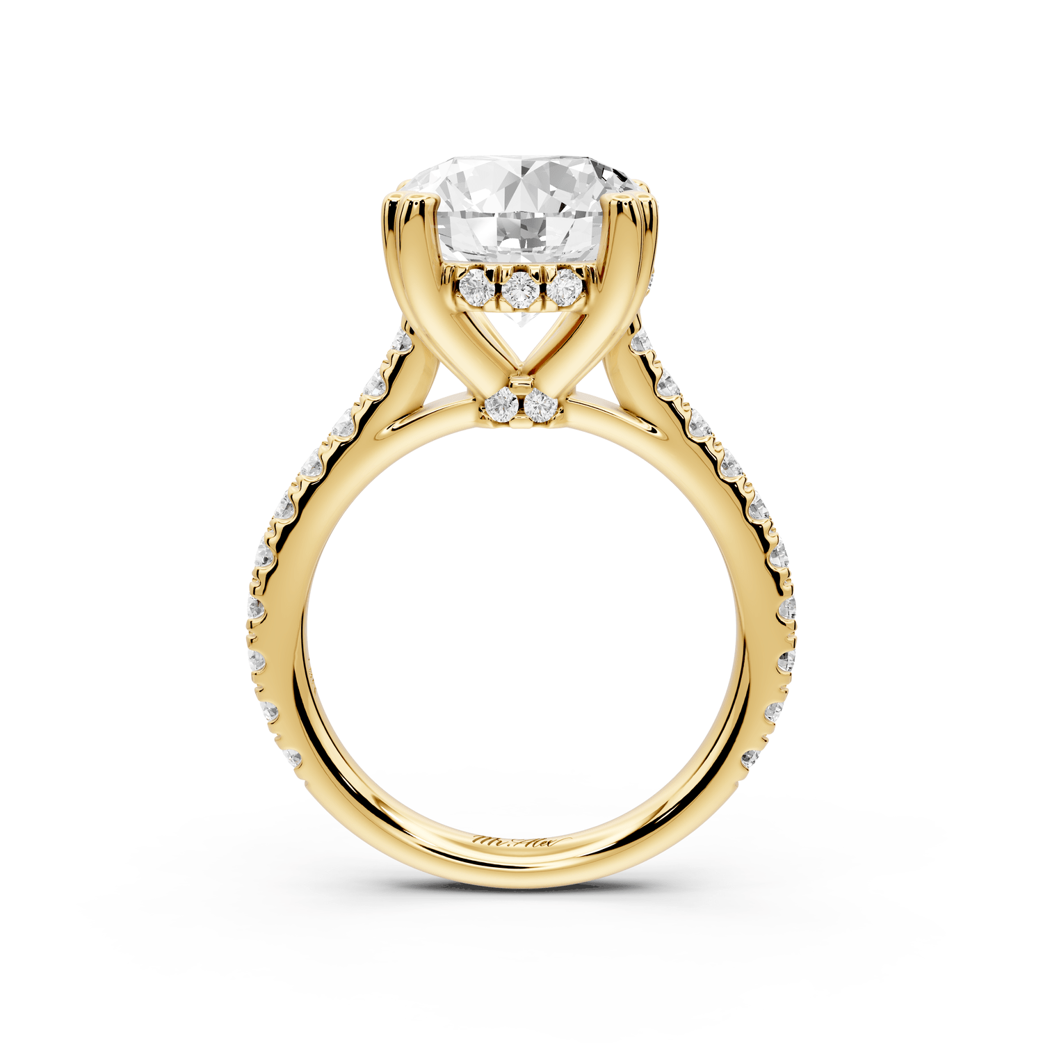 Isabella - 4ct 18k yellow gold round hidden halo diamond bridge cathedral pavé engagment ring - Mr. Alex Jewelry