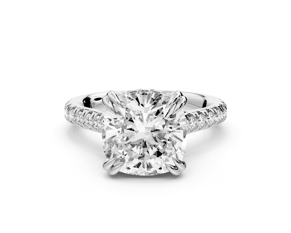 Isabella - 4ct platinum cushion hidden halo diamond bridge cathedral pavé engagement ring - Mr. Alex Jewelry