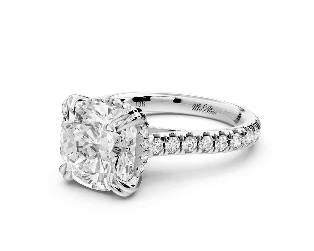 Isabella - 4ct platinum cushion hidden halo diamond bridge cathedral pavé engagement ring - Mr. Alex Jewelry
