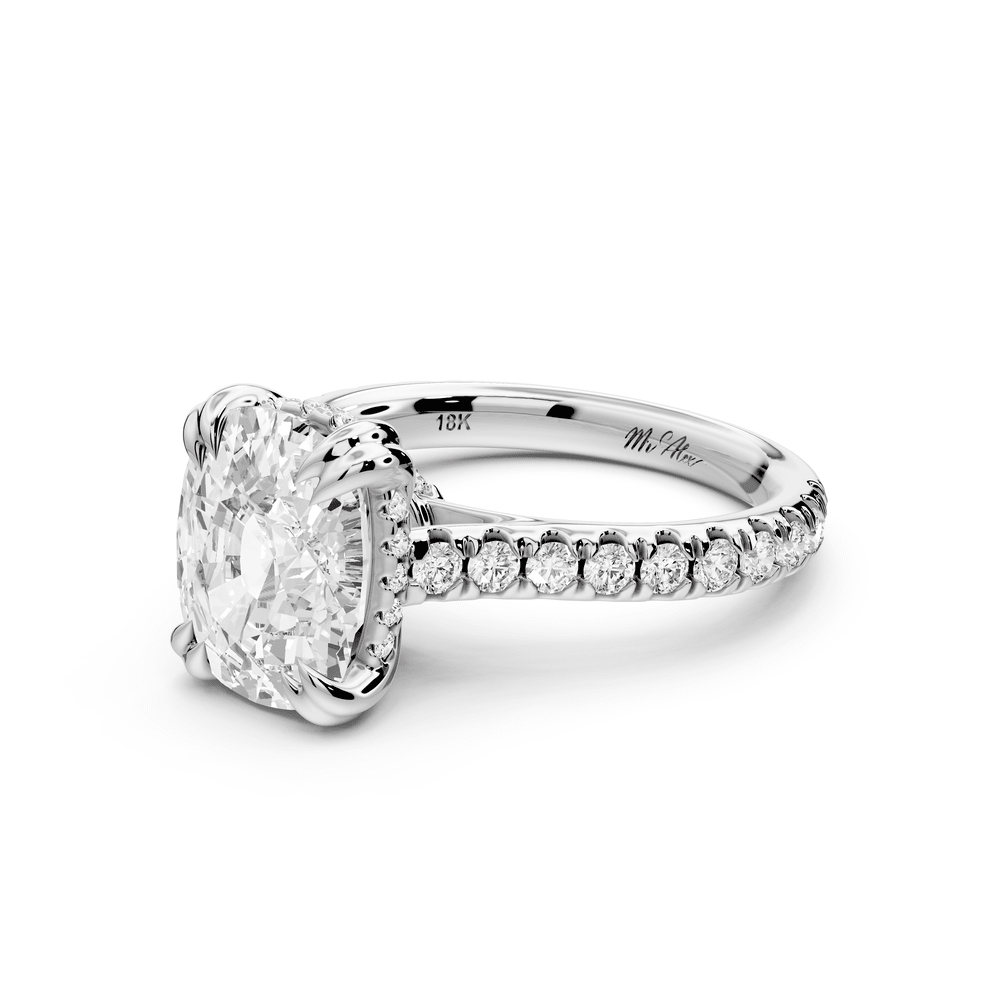 Isabella - 4ct platinum ecushion hidden halo diamond bridge cathedral pavé engagement ring - Mr. Alex Jewelry