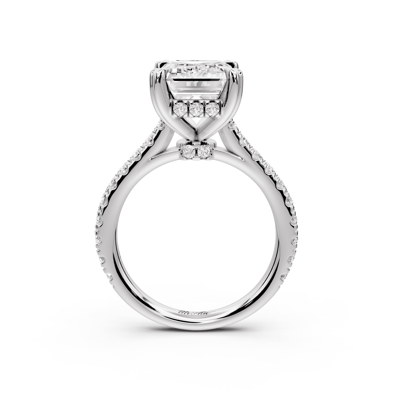 Isabella - 4ct platinum emerald hidden halo diamond bridge cathedral pavé Engagement ring - Mr. Alex Jewelry
