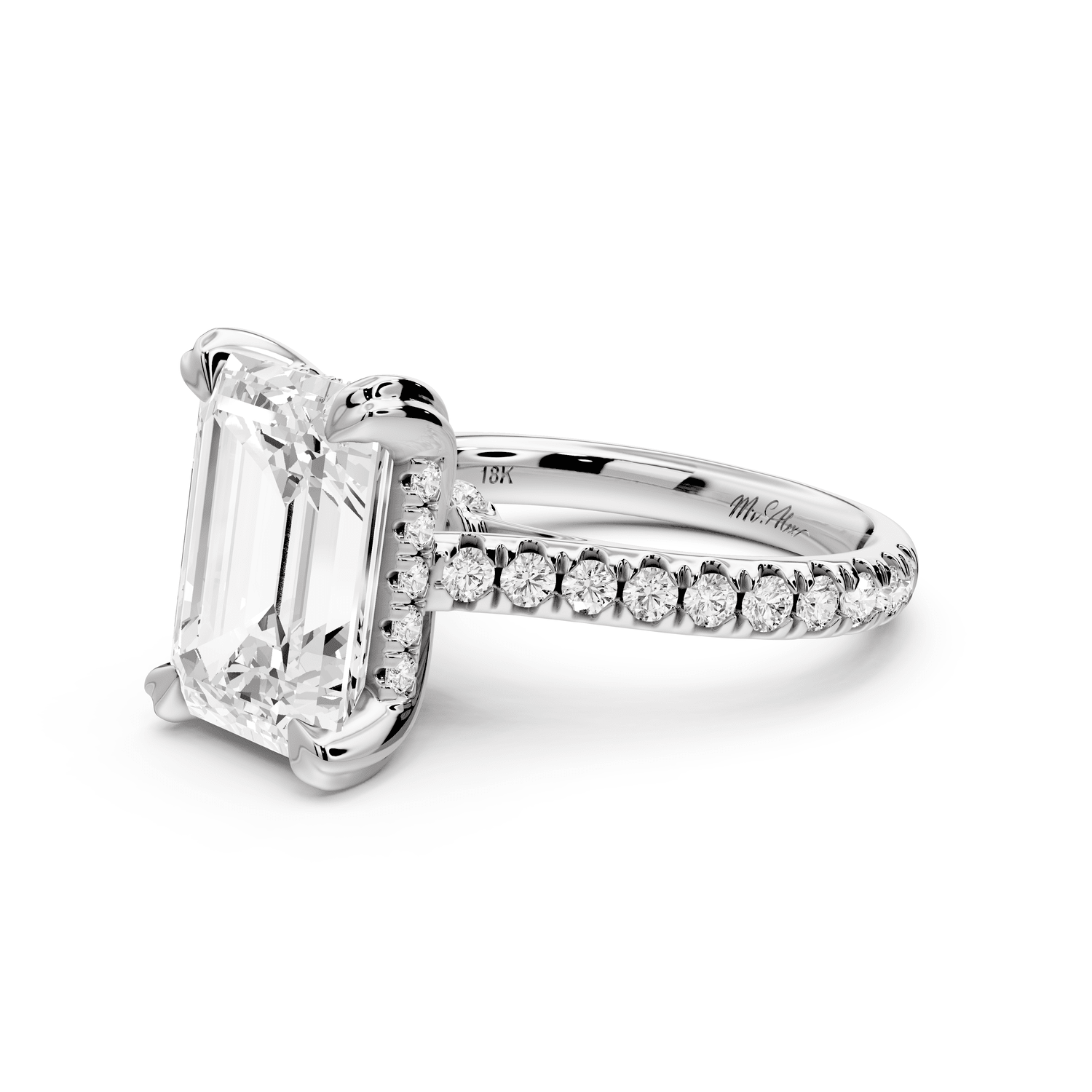Isabella - 4ct platinum emerald hidden halo diamond bridge cathedral pavé Engagement ring - Mr. Alex Jewelry