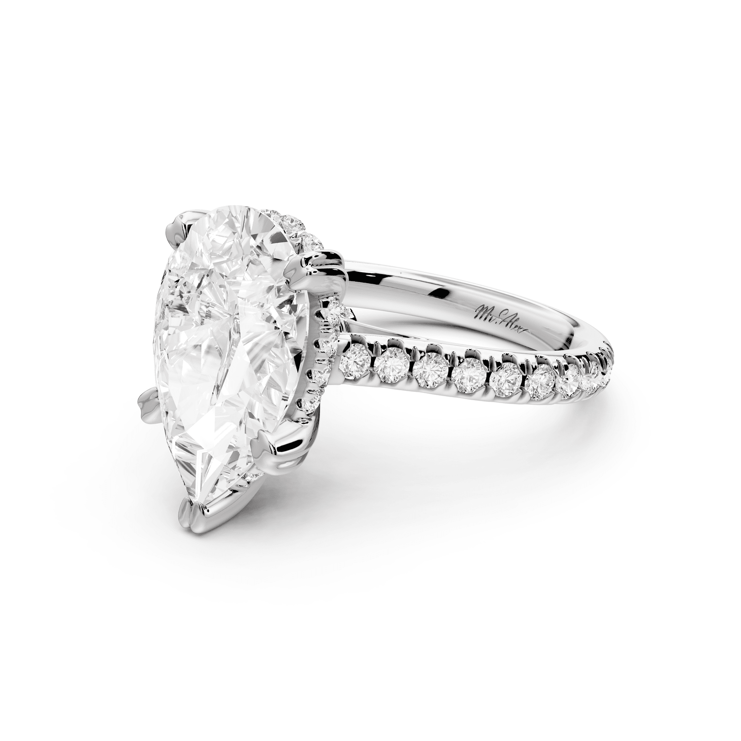 Isabella - 4ct platinum pear hidden halo diamond bridge cathedral pavé Engagement ring - Mr. Alex Jewelry
