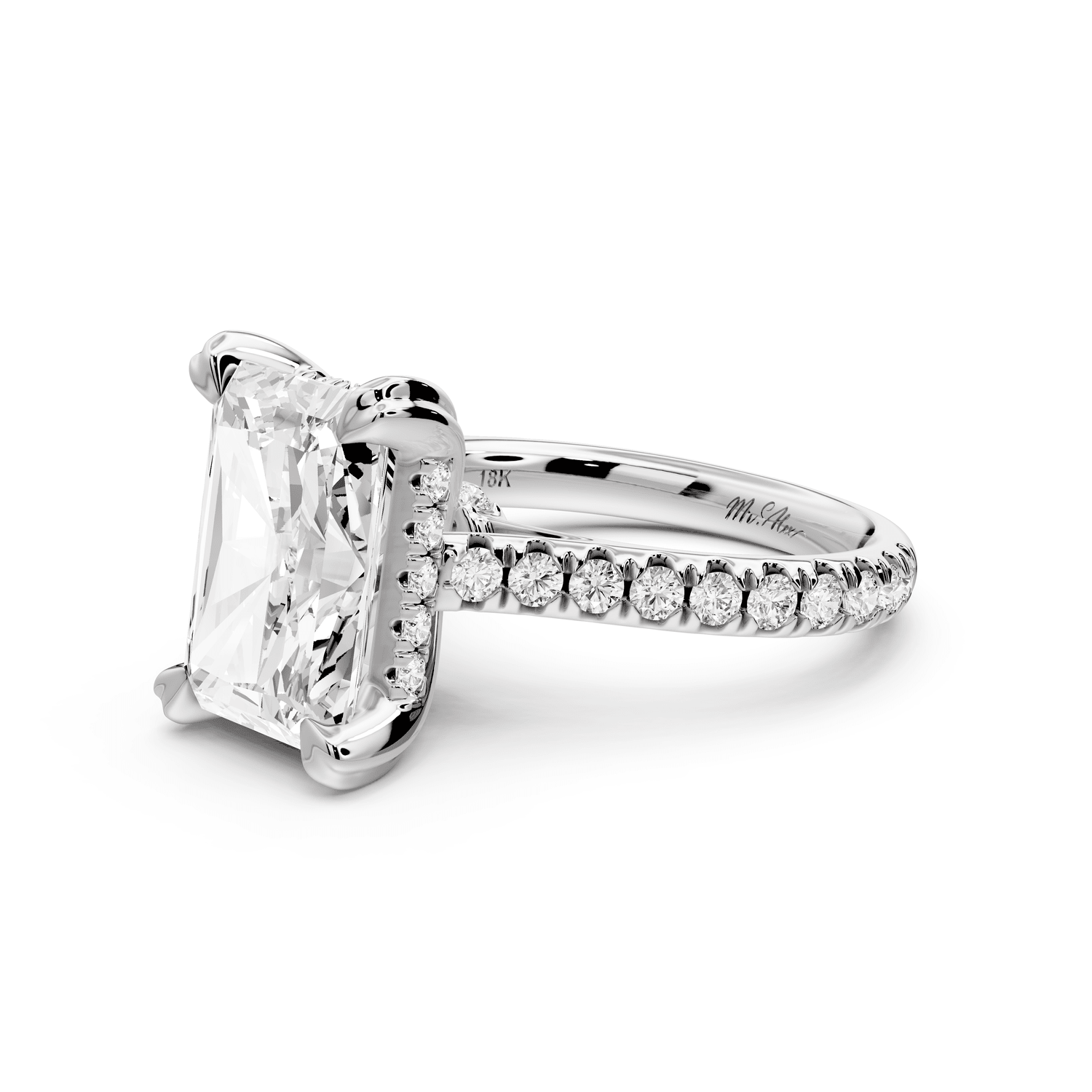 Isabella - 4ct platinum radiant hidden halo diamond bridge cathedral pavé engagement ring - Mr. Alex Jewelry
