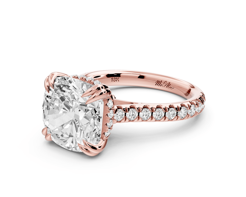 Isabella - 5ct 14k rose gold cushion hidden halo diamond bridge cathedral pavé engagement ring - Mr. Alex Jewelry