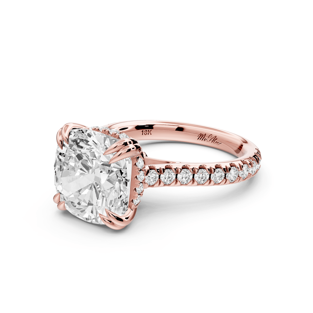 Isabella - 5ct 14k rose gold cushion hidden halo diamond bridge cathedral pavé engagement ring - Mr. Alex Jewelry