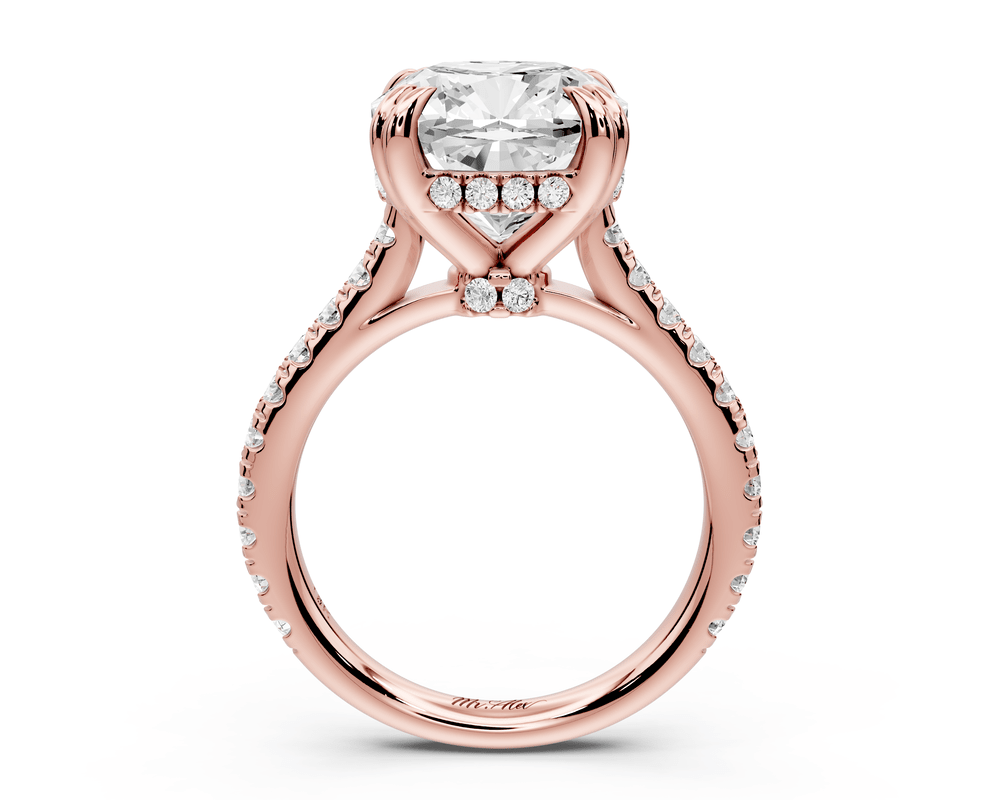 Isabella - 5ct 14k rose gold cushion hidden halo diamond bridge cathedral pavé engagement ring - Mr. Alex Jewelry