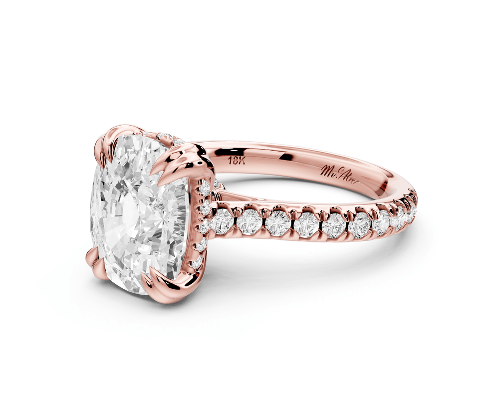 Isabella - 5ct 14k rose gold ecushion hidden halo diamond bridge cathedral pavé engagement ring - Mr. Alex Jewelry