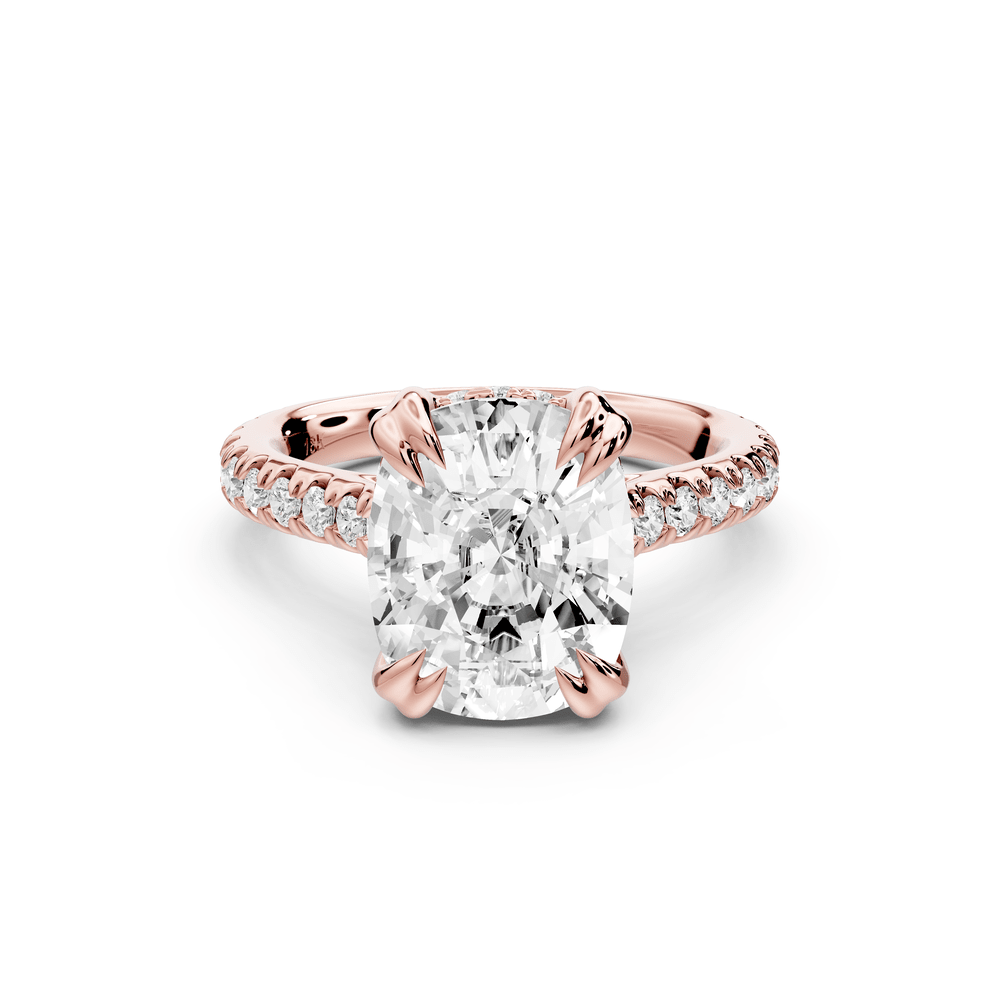 Isabella - 5ct 14k rose gold ecushion hidden halo diamond bridge cathedral pavé engagement ring - Mr. Alex Jewelry